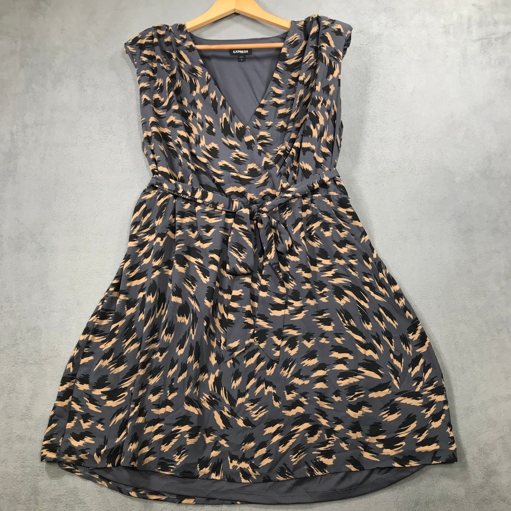 Express Faux Wrap Dress Womens XL Grey Animal Print Excellent Sleeveless Belted